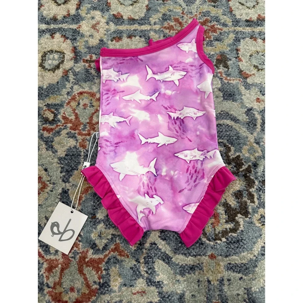 Birdie Bean Swimsuit Girls 12-18m Pink Shark One Sleeve Ruffle One Piece NWT‎